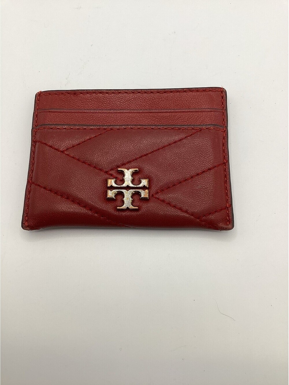 Preowned Tory Burch Chevron Card Holder Diagonal Quilted Red